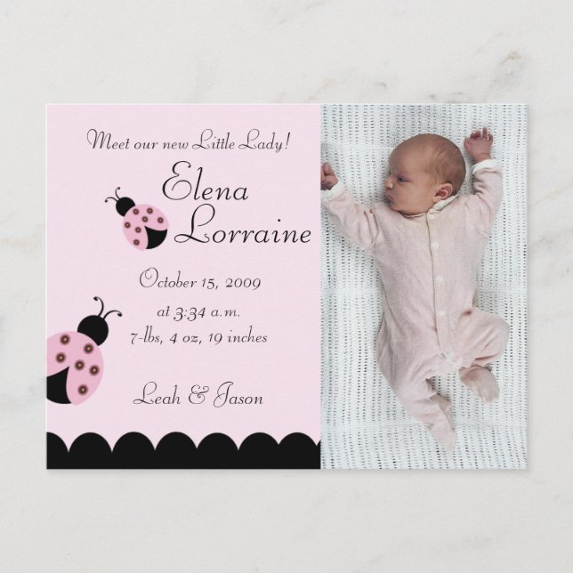 Flower Bug Lady Bug PHOTO Birth announcement Postcard (Front)