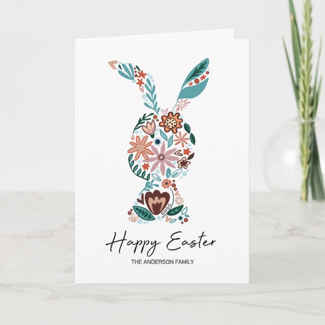 Flower Bunny Happy Easter Holiday Card (Front)