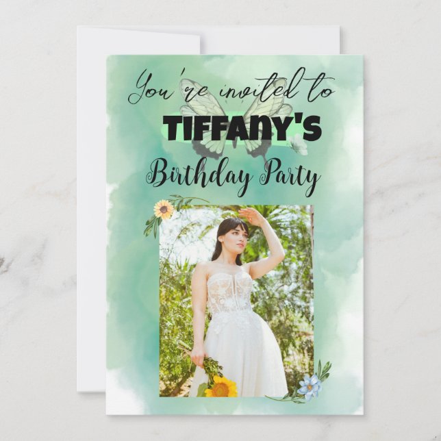 Flower & Butterfly birthday Invitation (Front)