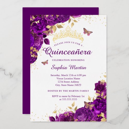 Flower Butterfly Elegant Purple Quinceanera  Foil Invitation