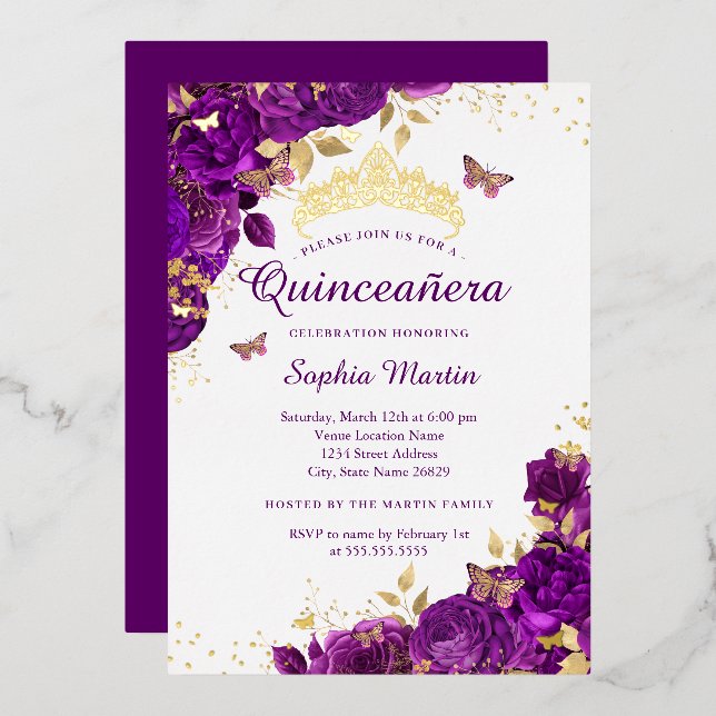 Flower Butterfly Elegant Purple Quinceanera  Foil Invitation (Front/Back)