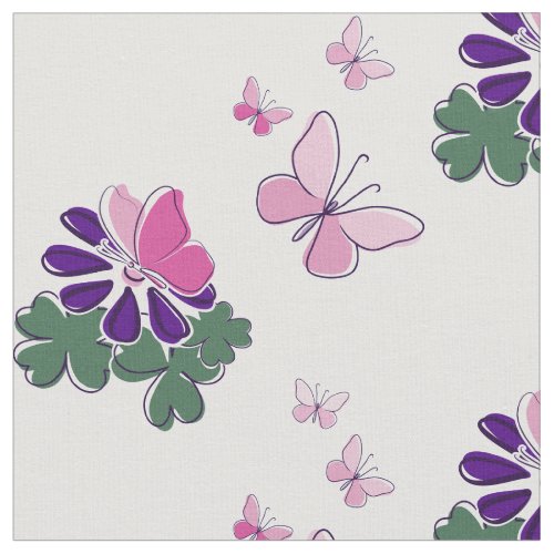 Flower Butterfly Fludder Doodle Green Purple Pink  Fabric