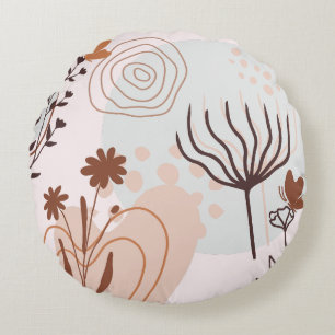 Flower & Butterfly In Beige Hues Round Pillow