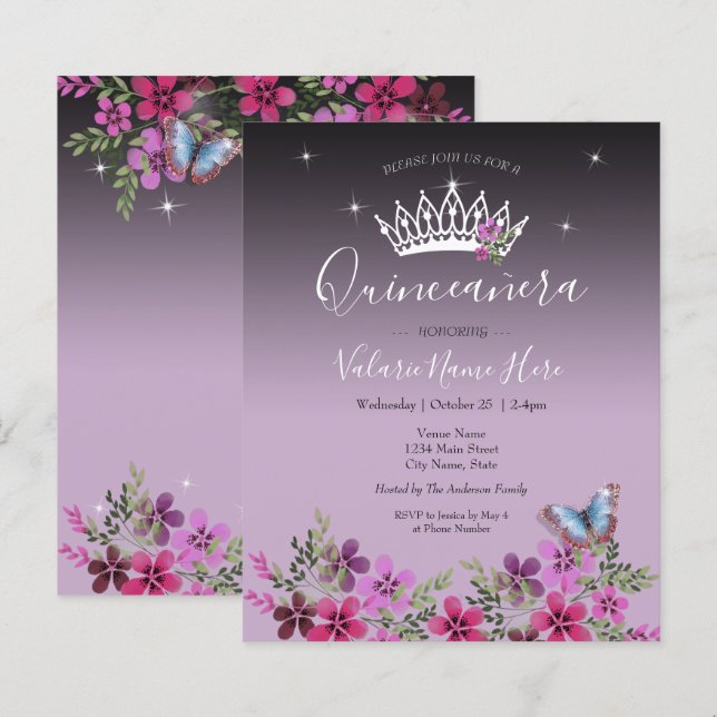 Flower Butterfly Quinceanera Budget Invitation (Front/Back)