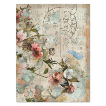 Flower Butterfly Shabby Collage Postale Decoupage Tissue Paper | Zazzle