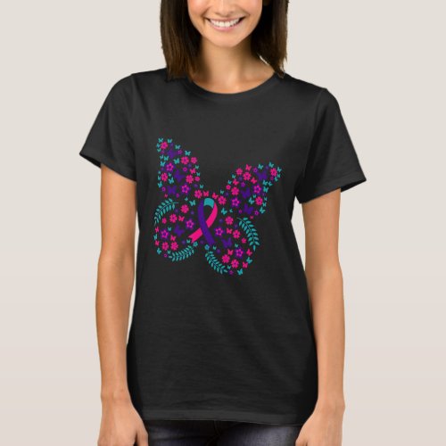 Flower Butterfly Thyroid Cancer Awareness Ribbon  T_Shirt