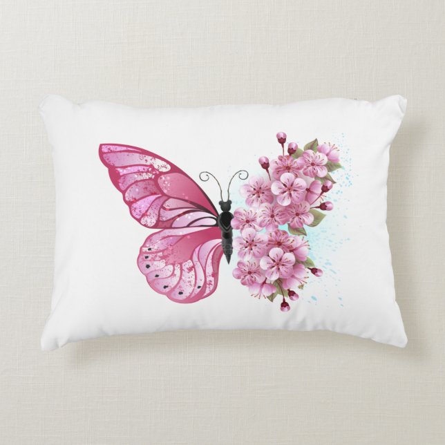Flower Butterfly with Pink Sakura Accent Pillow (Front)