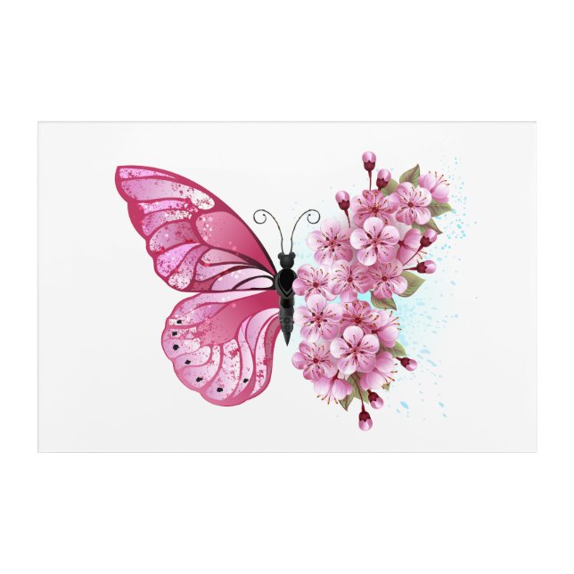 Flower Butterfly with Pink Sakura Acrylic Print (Front)