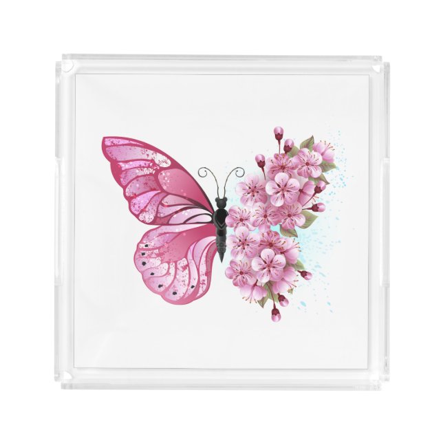 Flower Butterfly with Pink Sakura Acrylic Tray (Front)