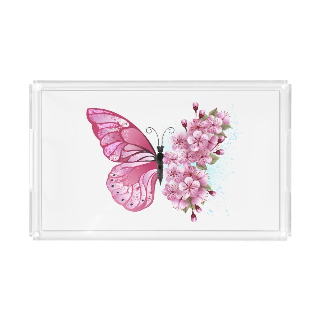 Flower Butterfly with Pink Sakura Acrylic Tray (Front)