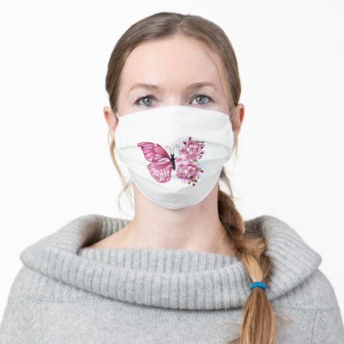 Flower Butterfly with Pink Sakura Adult Cloth Face Mask