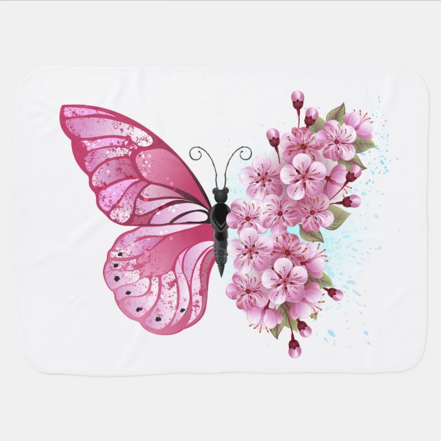 Flower Butterfly with Pink Sakura Baby Blanket (Horizontal)