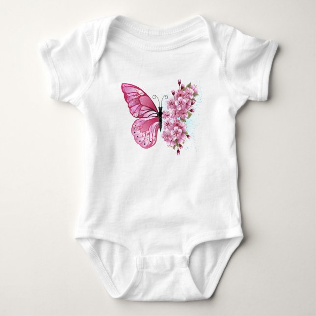 Flower Butterfly with Pink Sakura Baby Bodysuit (Front)