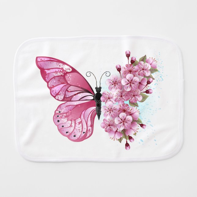 Flower Butterfly with Pink Sakura Baby Burp Cloth (Front Horizontal)