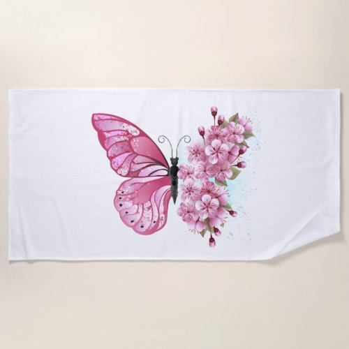 Flower Butterfly with Pink Sakura Beach Towel