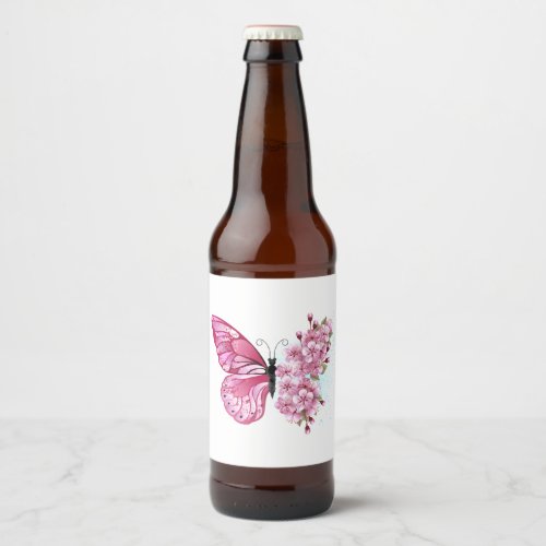 Flower Butterfly with Pink Sakura Beer Bottle Label