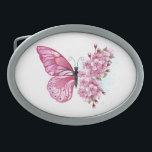 Flower Butterfly with Pink Sakura Belt Buckle<br><div class="desc">Flower arrangement of pink butterfly with pink Japanese cherry blossoms on white background.</div>