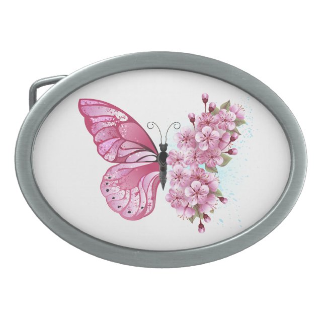 Flower Butterfly with Pink Sakura Belt Buckle (Front)
