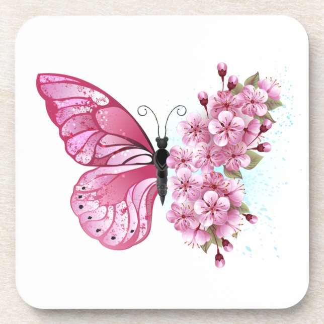 Flower Butterfly with Pink Sakura Beverage Coaster (Front)