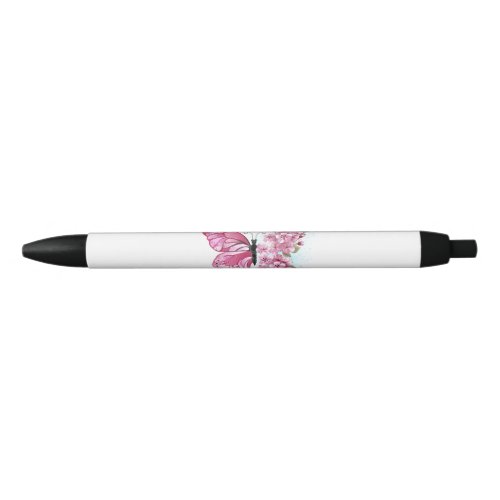 Flower Butterfly with Pink Sakura Black Ink Pen