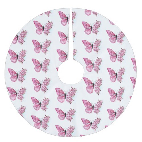 Flower Butterfly with Pink Sakura Brushed Polyester Tree Skirt