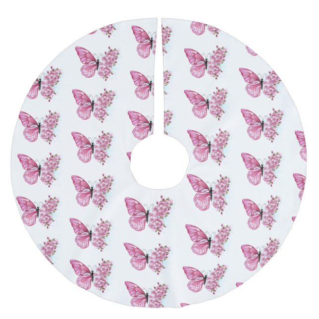 Flower Butterfly with Pink Sakura Brushed Polyester Tree Skirt (Front)