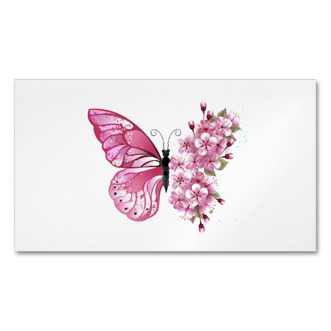 Flower Butterfly with Pink Sakura Business Card Magnet (Front)