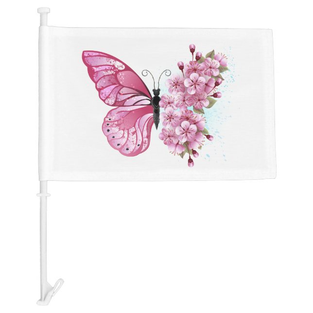 Flower Butterfly with Pink Sakura Car Flag (Front)
