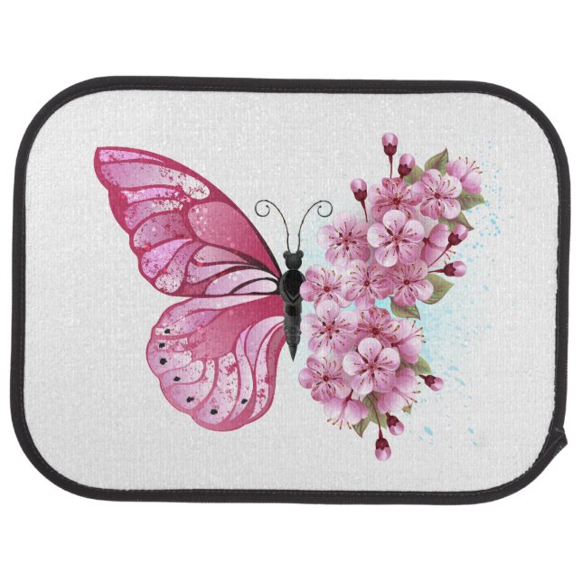 Flower Butterfly with Pink Sakura Car Floor Mat (Rear)