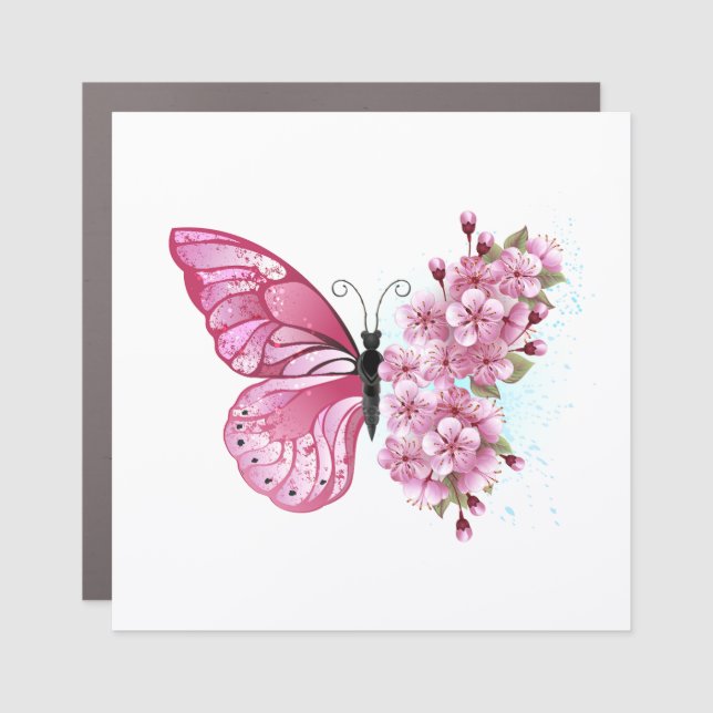 Flower Butterfly with Pink Sakura Car Magnet (Front)