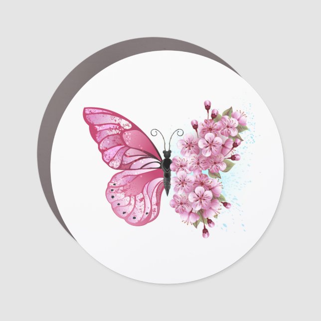 Flower Butterfly with Pink Sakura Car Magnet (Front)