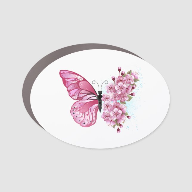 Flower Butterfly with Pink Sakura Car Magnet (Front)