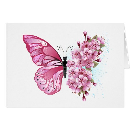 Flower Butterfly with Pink Sakura Cards (Front Horizontal)