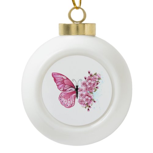 Flower Butterfly with Pink Sakura Ceramic Ball Christmas Ornament