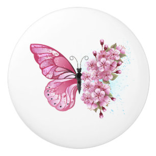 Flower Butterfly with Pink Sakura Ceramic Knob