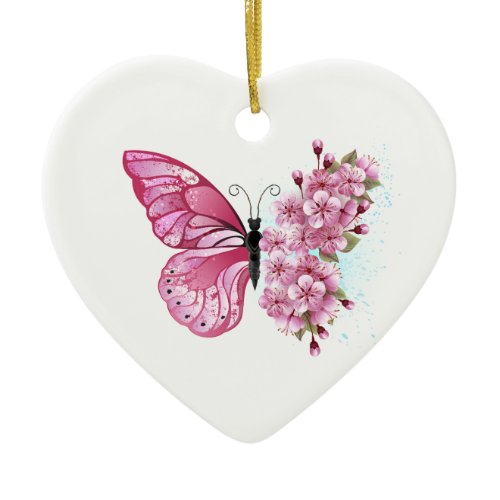 Flower Butterfly with Pink Sakura Ceramic Ornament