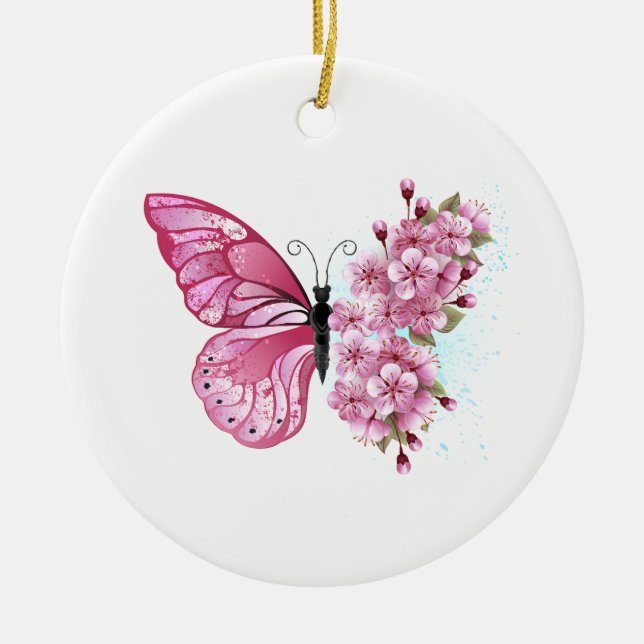 Flower Butterfly with Pink Sakura Ceramic Ornament (Front)