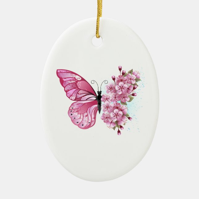 Flower Butterfly with Pink Sakura Ceramic Ornament (Front)