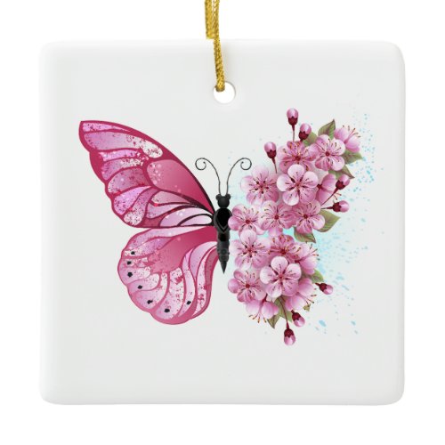 Flower Butterfly with Pink Sakura Ceramic Ornament