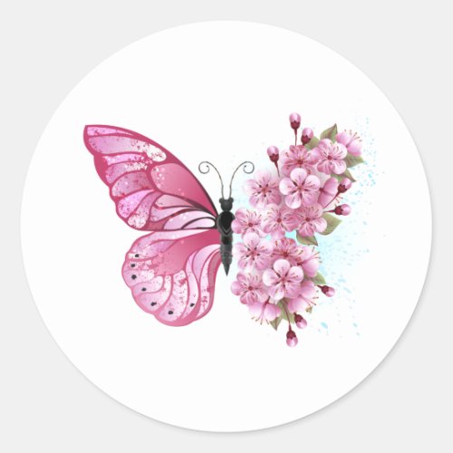 Flower Butterfly with Pink Sakura Classic Round Sticker