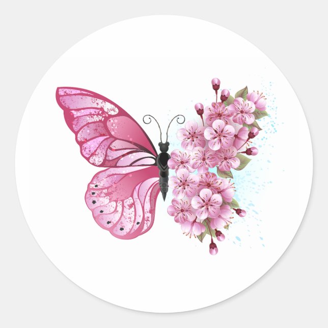 Flower Butterfly with Pink Sakura Classic Round Sticker (Front)