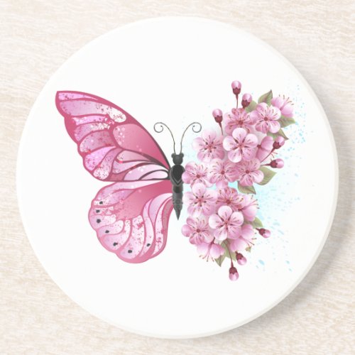 Flower Butterfly with Pink Sakura Coaster
