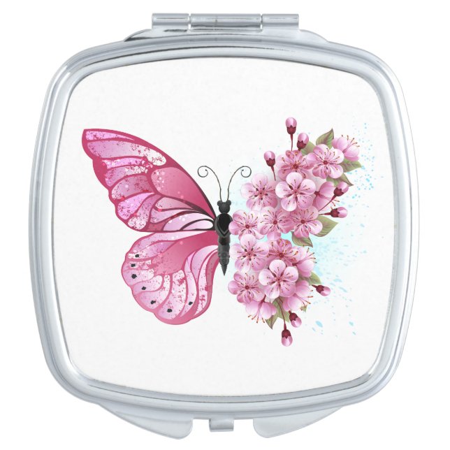 Flower Butterfly with Pink Sakura Compact Mirror (Front)