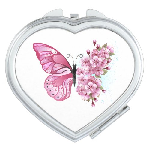 Flower Butterfly with Pink Sakura Compact Mirror