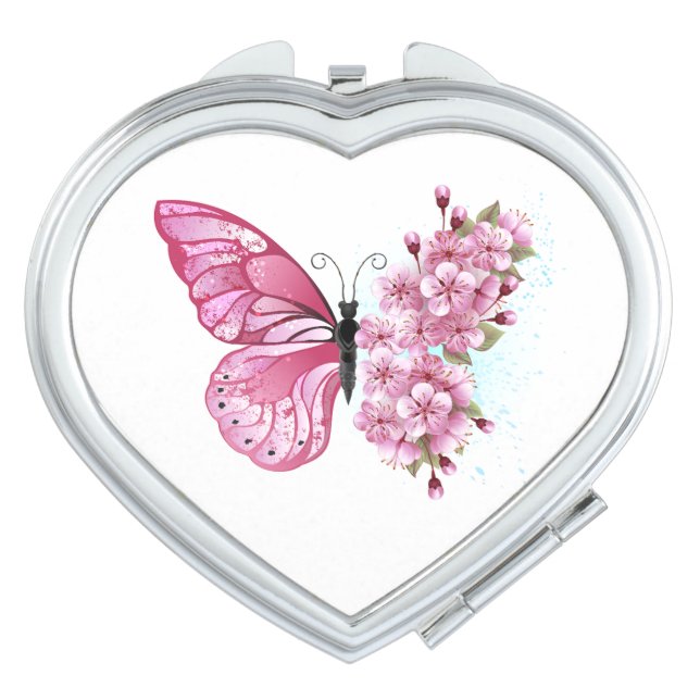 Flower Butterfly with Pink Sakura Compact Mirror (Front)