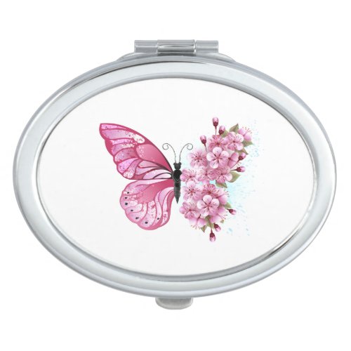 Flower Butterfly with Pink Sakura Compact Mirror