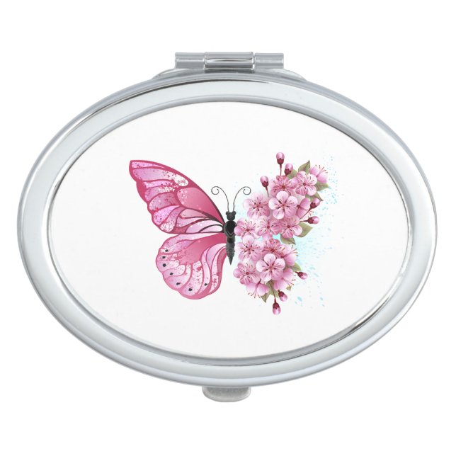 Flower Butterfly with Pink Sakura Compact Mirror (Front)