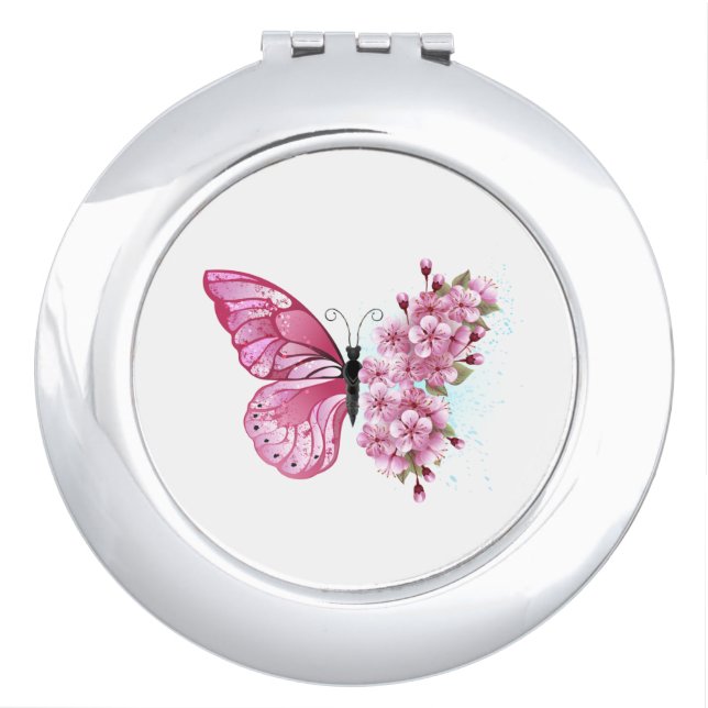 Flower Butterfly with Pink Sakura Compact Mirror (Front)