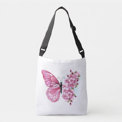 Flower Butterfly with Pink Sakura Crossbody Bag