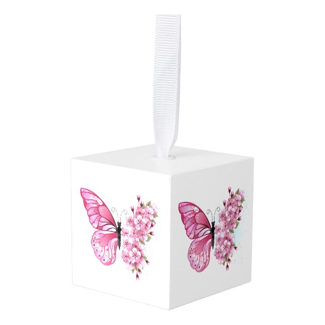 Flower Butterfly with Pink Sakura Cube Ornament (Front Angled)